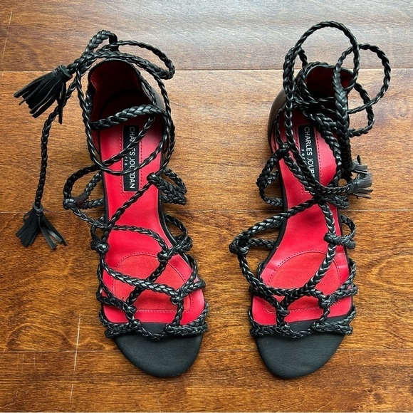 Charles Jourdan Paris Supple Black Leather Gladiator Flats, Size 6.5 - Picture 1 of 14